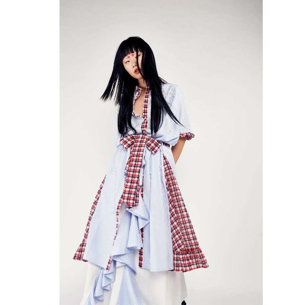 NEW I’m Isola Marras Blue Striped and Red Plaid Cotton Belted Shirt Dress